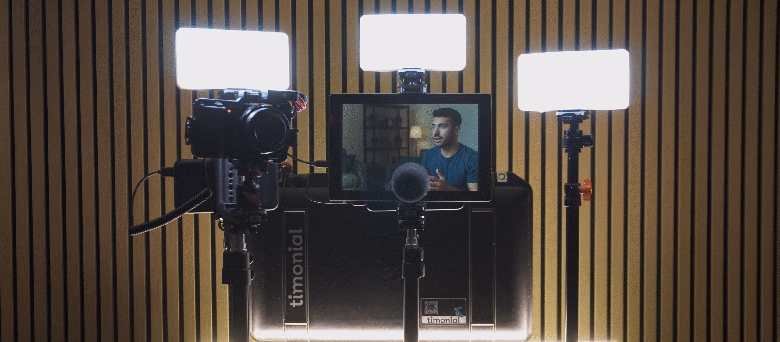 Timonial mobile video studio with camera, light, and teleprompter